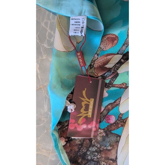 Mish 100% Mulberry Silk Shawl- Blue Scarf with Cherry Blossoms and Birds - Picture 2 of 8